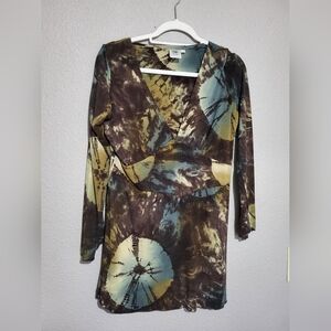 Equinoxe Womens Tie-Dye Long Sleeve Tunic Top Green Brown Size Large